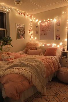 a bedroom with lights strung above the bed