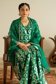 Green straight kurta with brocade jaal weave. Paired with a coordinating sharara and a hand embroidered dupatta. - Aza Fashions Green Brocade Sharara With Zari Work, Green Traditional Sharara With Meenakari, Traditional Green Sharara With Meenakari, Traditional Green Meenakari Sharara, Wedding Anarkali Brocade Kurta, Unstitched Banarasi Silk Sharara With Dupatta, Elegant Sharara With Zari Weaving In Traditional Drape, Wedding Kurta With Gota Work In Jamawar, Elegant Sharara With Zari Weaving