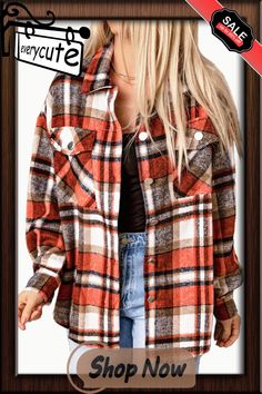 Orange Chest Pockets Flannel Plaid Shirt Oversized Flannel Shirt For Fall, Fall Flannel Button-up Shirt, Flannel Collared Shirt For Fall, Trendy Fall Shirt With Pockets, Fall Flannel Shirt With Buttons, Fall Flannel Tops With Buttons, Flannel Tops With Buttons For Fall, Long Sleeve Flannel Top For Fall, Oversized Red Flannel Shirt For Fall