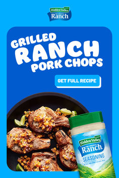 grilled ranch pork chops get full recipe on blue background with text overlay