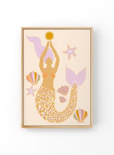 a painting with a mermaid holding a starfish on it's back, in front of a white wall