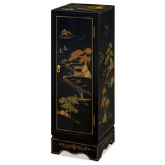 Black Floor Screen with Scenery Chinoiserie Garden Stool Living Room, Black Chinoiserie, Floor Screen, Square Form, Asian Wall Art, Removable Shelves, China Furniture, Accent Chests And Cabinets, Brass Hinges