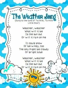 the weather song with clouds and sun on blue background for children's nursery or classroom use