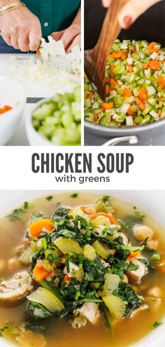 chicken soup with greens and carrots is shown in three different pictures, including one being spooned into the soup