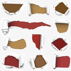 torn pieces of paper with different colors and shapes on them, including red, brown, white