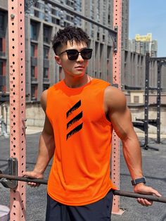 Crew Neck Men's Pullover Sports & Fitness Tank Top - Men's Fitness Apparel, Men's Workout Tank Tops | Vivinch Sporty Dri-fit Activewear For Gym, Casual Dri-fit Activewear For Workout, Orange Sleeveless Activewear For Gym, Orange Sleeveless Gym Activewear, Sleeveless Orange Sports Top, Athletic Fit Dri-fit Activewear For Sports Season, Orange Crew Neck Sports Top, Breathable Sporty Tops For Sports Events, Orange Athleisure Tops For Sports