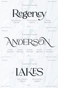 some type of font and numbers on a white marble background with the words, regncy, anderson, lake's