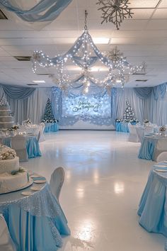 a banquet hall decorated with blue and white decorations