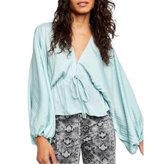 Meet Friends For Lunch Or Enjoy A Picnic In The Park With Style Wearing This Lightly Textured Blouse With A Flouncy High/Low Hem And Billowy Balloon Sleeves. 19" - 21 1/2" Length (Size Medium) Ties At Back V-Neck Long Sleeves 100% Polyester Hand Wash, Dry Flat Imported Women's Clothing Color: Sage V-neck Padded Blouse For Brunch, Padded V-neck Blouse For Brunch, Feminine Rayon Blouse For Brunch, Chic Rayon Tops With Blouson Sleeves, Spring Brunch Tops With Blouson Sleeves, Long Sleeve Rayon Tops For Brunch, Rayon Long Sleeve Tops For Brunch, Spring Rayon Long Sleeve Tops, Spring Rayon Tops For Brunch