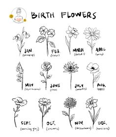 the birth flowers for each child's birth month are shown in black and white