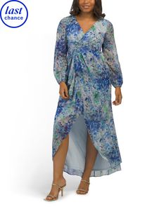 floral design, metallic accents, ruched back detail, lined, gathered front, ruffle accents. balloon sleeve, v-neck, gown. 54in long, taken from size 4P. hi-lo hem, back zip and hook closure. polyester/metallic. imported. Not returnable in store. dry clean. style #:4000285682 Printed Long Gowns, Blue High Low Dress, Print Chiffon Dress, Halter Gown, Floral Print Chiffon, Adrianna Papell Dresses, Chiffon Gown, Chiffon Long Sleeve, Dress Silhouette