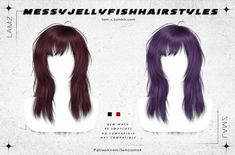 two wigs are shown with different colors and sizes for each hair type, one is purple