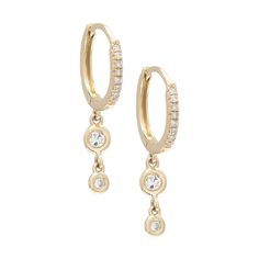 Gold Double Drop Bezel Diamond Hoop Earrings - 14KT Gold - Monisha Melwani Jewelry Dangle Diamond Earrings, Delicate Diamond Necklace, Diamond Huggies, Bezel Earrings, Double Diamond, Diamond Dangle Earrings, Bezel Set Diamond, Diamond Hoop Earrings, Diamond Drops