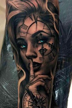 a woman's face with blue eyes and a clock tattoo on her arm is shown