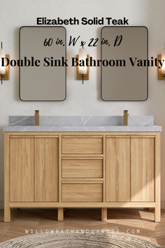 double sink bathroom vanity with two mirrors above it and the words elizabeth solid teak