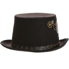 If you're ready to top off your spectacular Steampunk costume, this Steampunk Top Hat is literally the best tip we can give you. This is a 5.5" hat with rivets and grommets for style and function and includes several different styles of brass gears and chain to give you that perfect accent to your Alternate History look! Adjustable Steampunk Top Hat For Alternative Fashion, Steam Punk Top Hat, Steampunk Fitted Top Hat For Costume, Black Leather Steampunk Top Hat, Steampunk Top, Steampunk 4" Top Hat, Steampunk Top Hat, Alternate History, Steampunk Costume