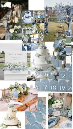 a collage of blue and white wedding decor with flowers, candles, plates, and cake