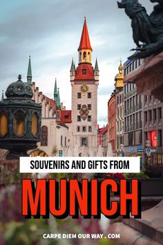 the words souvenirs and gifts from munich are in front of an image of a clock tower