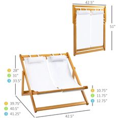 two wooden frames with white linens on them and measurements for each item in the frame