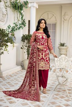 Elegant Red Salwar Kameez with Embroidery Work Palazzo Kurta, Raw Silk Saree, Palazzo Suit, Brocade Blouses, Silk Suit, Pakistani Suits, Elegant Red, Silk Dyeing, Fabric Stores Online