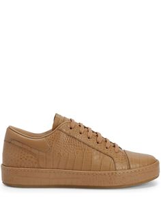 beige leather embossed crocodile effect logo patch at the tongue front lace-up fastening round toe branded insole flat rubber sole Brown Leather Sneakers, City Sneakers, Giuseppe Zanotti Sneakers, Leather Sneakers Men, Brown Sneakers, Latest Sneakers, Sneakers Blue, Brown Shoe, Printed Leather