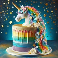 a cake decorated with flowers and a unicorn's head on top is surrounded by stars