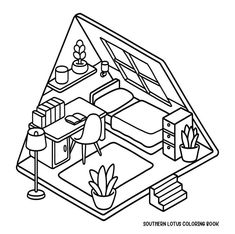 a black and white outline drawing of a bed in a suitcase with the lid open