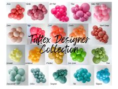 a bunch of different colored balloons with the words titex designer collection