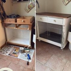 two pictures side by side of a small dog house