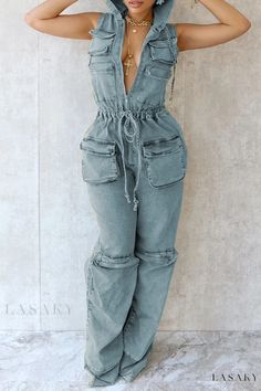 Lasaky - Vintage-Inspired High-Waisted Sleeveless Jumpsuit with Zipper Pockets and Drawstring Waist Chic Jumpsuit Outfit, String Pocket, High Waist Jumpsuit, Denim Jumpsuits, Jumpsuit Outfits, Jumpsuit Fitted, Jumpsuit Chic, Jumpsuit Elegant, Sleeveless Jumpsuits