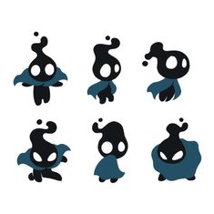 six different silhouettes of cartoon characters in black and blue colors, each with an evil face