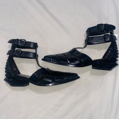 Alexander Wang Genuine Leather Black Pointed Toe Gladiator Style Sandals *New* Size 36 (American 6) Summer Leather Heels With Spikes, Black Open Toe Sandals For Concert, Leather Sandals With Buckle Closure For Fall, Black Punk Sandals With Round Toe, Black Punk Heels With Buckle Closure, Edgy Ankle Strap Heels For Concert, Edgy Faux Leather Closed Toe Heels, Edgy Sandals With Spikes And Round Toe, Spring Punk Sandals With Buckle Closure