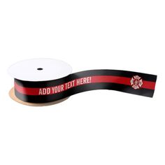 a roll of red and black ribbon with the words, add your text here