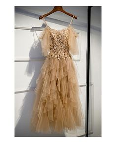 Shop beaded lace champagne long party dress with ruffles online. All instock with free shipping. Pro since 2009. Lace Prom Evening Dress With Ruffles, Lace Evening Dress With Ruffles For Prom, Ruffled Evening Dress For Party Season Banquets, Champagne Lace Evening Dress For Party, Prom Dress Lace, Prom 2022, Ruffle Prom Dress, Shiny Dresses, Lace Homecoming Dresses