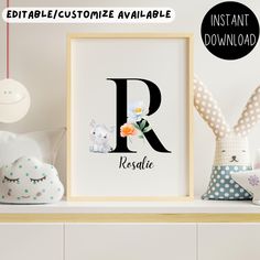 a white shelf topped with stuffed animals next to a framed monogrammed letter r