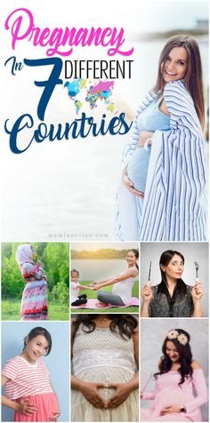 pregnant women in different outfits with text overlay that reads, pregancy is 7 different countries