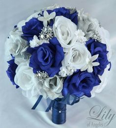 a bridal bouquet with blue and white flowers