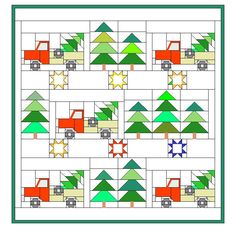 a christmas tree quilt pattern with trucks and trees on the front, and stars in the back