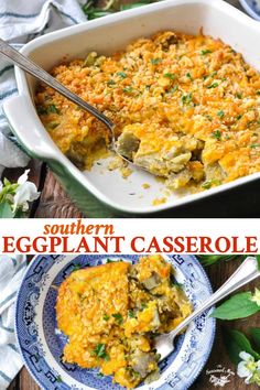 an eggplant casserole in a blue and white dish