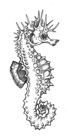 a black and white drawing of a seahorse