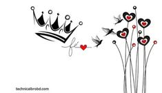 two crowns with hearts flying out of them, and the words love is in the air