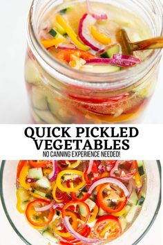 pickled vegetables in a mason jar with text overlay that reads quick pickled vegetables, no canning experience needed