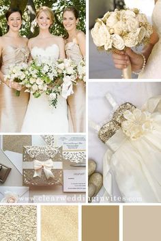 a collage of different wedding colors and bridesmaid's bouquets in shades of gold