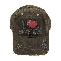 an olive green hat with the word i love evita written on it and a red heart