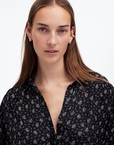 Regular fit. Hip length: designed to hit at high hip or below; tuckable. Body length from high point of shoulder: 25 1/4". 100% viscose. Dry clean. Imported. Select stores. High Hips, Button Front Top, Floral Print Tops, Hip Length, Polished Look, Top Tee, Women Long Sleeve, Madewell, The Selection