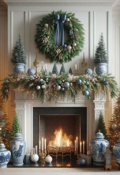 a fireplace decorated for christmas with blue and white decorations