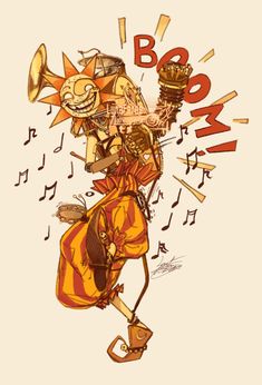 an image of a cartoon character with musical instruments and music notes on it's back