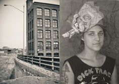 a black and white photo of a woman in front of a building with graffiti on it