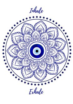 an eye in the center of a blue and white circular pattern on a white background