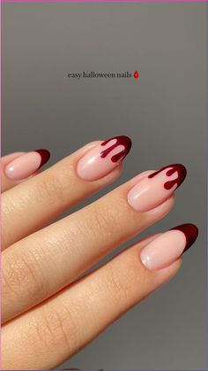 Red Easy Nails, Halloween Nails Short Blood, Spooky Halloween Nails Almond Shape, French Tip Blood Nails, Easy White Nail Art, Halloween Nail Ideas Almond, Halloween Nails Stickers, Nails Blood Design, Black French Nails Halloween